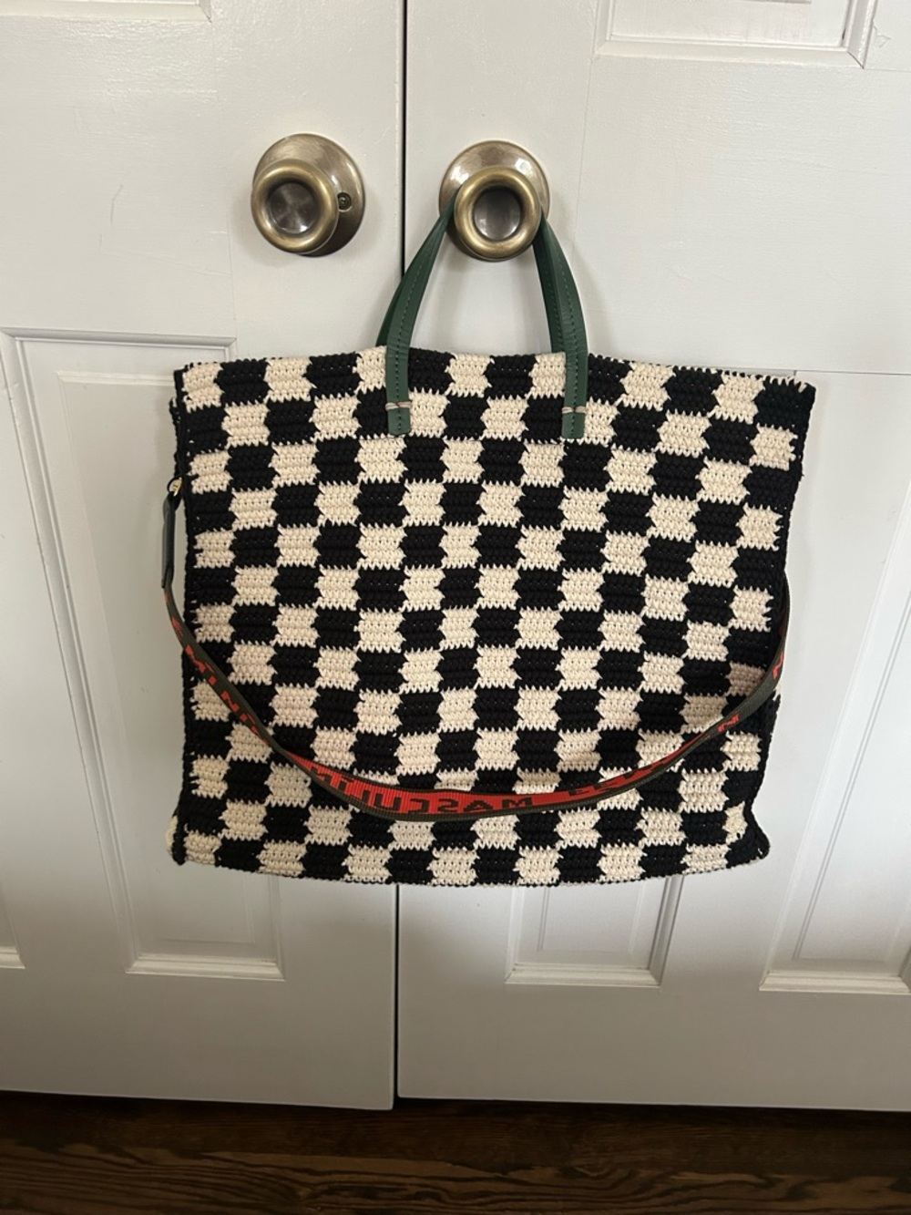 Clare V. Summer tote, black & Cream Checker, Crochet with Green Handles